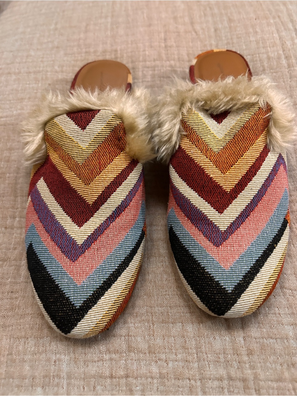 Women’s Chevron Faux-Fur Slip-On Mules in Multicolor.